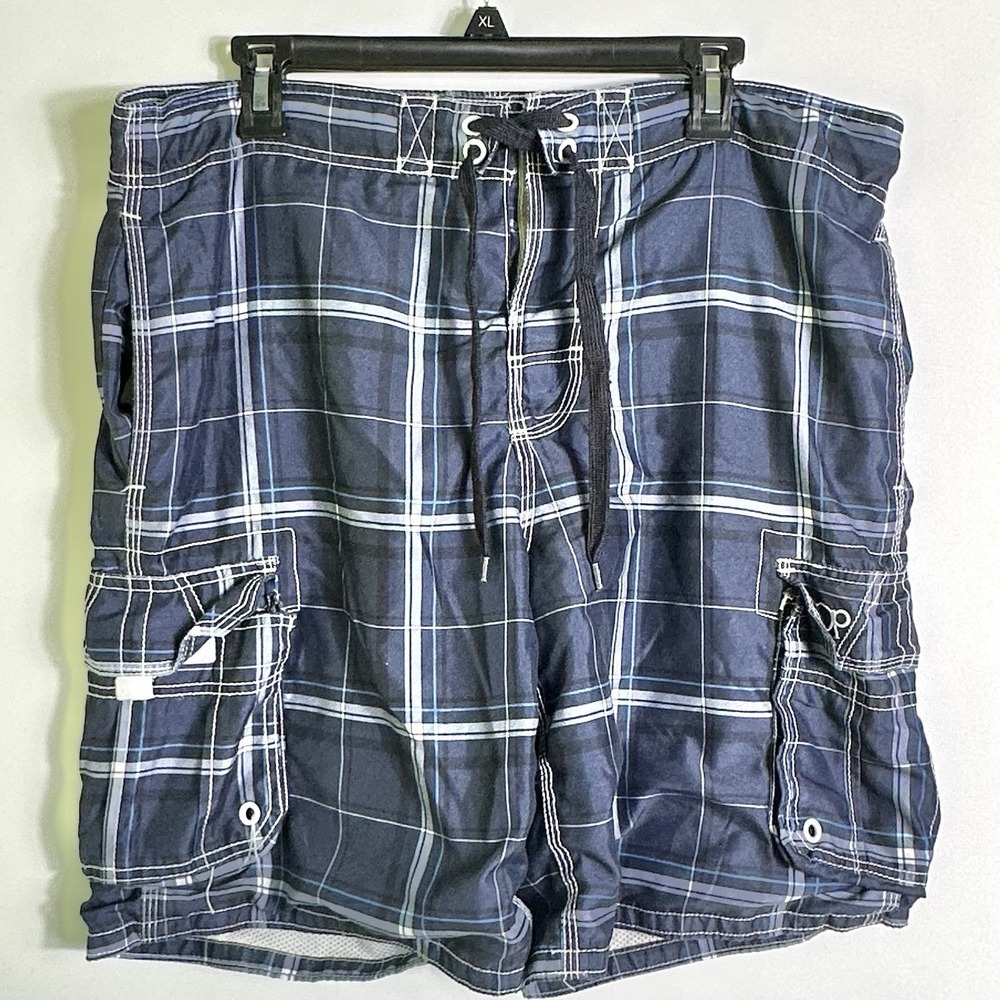 OP‎ Mens M 32-34 Blue Plaid Cargo Swim Trunks Board Shorts Mesh Lined Very Good